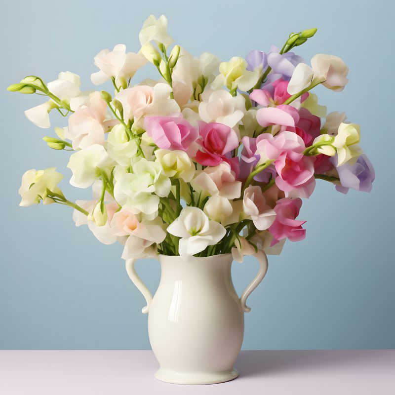 Elegantiškai sukomponuota puokštė su šviežiomis rožėmis, lelijomis ir žaluma, eksponuojama floristo salone.