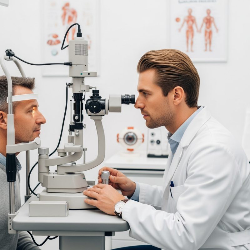 Oftalmologas atlieka akių tyrimą naudojant specialią medicininę įrangą modernioje klinikoje.