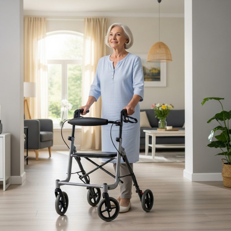 Suaugęs žmogus naudoja modernią vaikštynę namuose, atrodo savarankiškas ir pasitikintis savimi