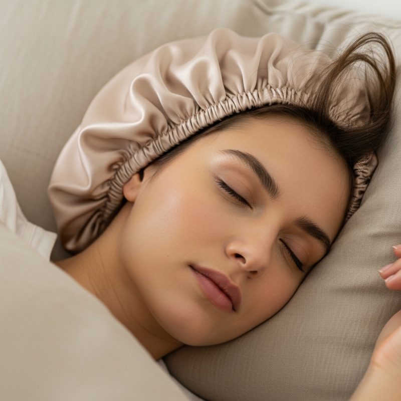 Mieganti moteris su šilkine kepure, kurios plaukai atrodo glotnūs ir nepažeisti